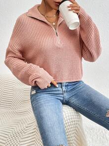 SHEIN LUNE Women's Half-Zip Drop Shoulder Knit Pullover Fall Winter Sweater - Dusty Pink - View 3