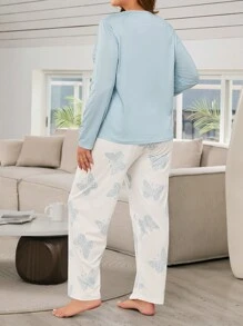 Conjunto De Ropa De Casa Casual Con Patrón De Mariposa Y Talla Grande - Celeste - Ver 3