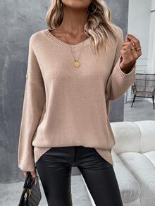 SHEIN LUNE Của phụ nữ Cổ chữ V Thả vai Màu thuần Áo len - Màu Khaki - Xem 4