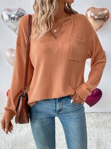 SHEIN LUNE 女款缺角 V 領華夫格針織 T 卹 - 卡其色 - 查看 2