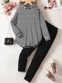 Sparklyn Teen Girls' Hooded Striped Top And Black Casual Pants Two-piece Set - Black and White - View 1
