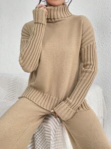 EMERY ROSE 2pcs/set Solid Color Sweater Suit - Camel - View 2