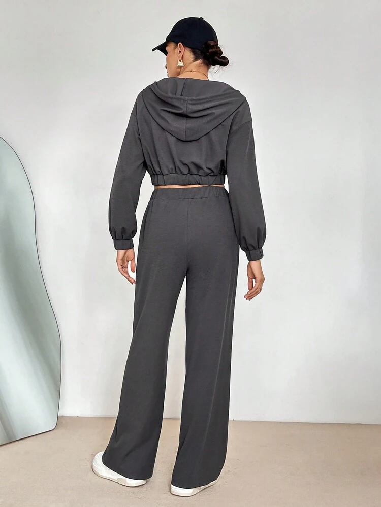 Solid Color Zipper Detail Drawstring Short Hoodie And Long Pants Set