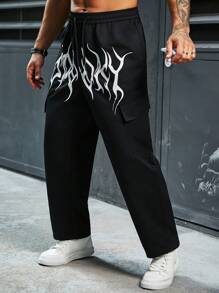 Manfinity LEGND 男士大尺寸圖案印花鬆緊腰抽繩慢跑褲 - 黑色 - 查看 5
