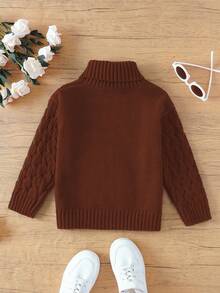 SHEIN Bé gái Áo cao cổ Màu thuần Áo len - Cà phê nâu - Xem 2