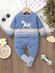 SHEIN Baby Boy Sweater Jumpsuit With Little Horse Pattern Autumn Fall - Dusty Blue - View 1