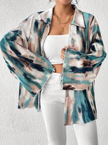 SHEIN Unity 女士春夏时尚假日办公室通勤扎染喇叭袖褶皱衬衫（不含腰带）、长袖衬衫 - 彩色 - 查看 3