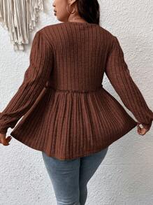 Flirla Talla grande Camiseta unicolor ribete fruncido peplum - Café integral - Ver 2