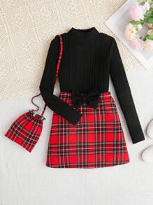 SHEIN Cô gái Tween Dệt kim Màu thuần Đứng cổ áo Áo & Kẻ sọc Bộ váy Với Túi đeo chéo - màu đen - Xem 1