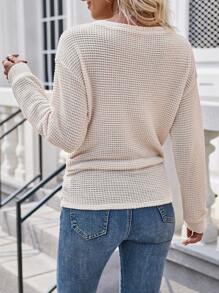 SHEIN LUNE Vòng cổ Thả vai Dây rút Dệt kim Waff Mẫu Áo thun - Màu be - Xem 2