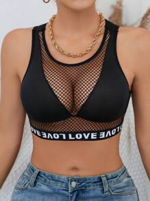 SHEIN Áo ngực thể thao dạng băng chữ & lưới tương phản - màu đen - Xem 4