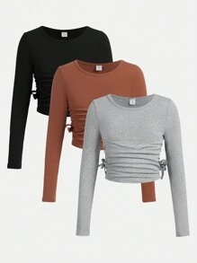 SHEIN Tween Girls' Knitted Solid Color Round Neck Tops T-Shirt 3pcs/Set - Multicolor - View 1