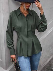 SHEIN Clasi Eo Xếp li Thả vai Tay áo Áo sơ mi - xanh quân đội - Xem 8