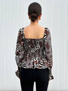 SHEIN Privé Floral Printed Square Neckline Shirt With Ruffle Hem Long Sleeve - Multicolor - View 2