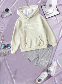 SHEIN Tween Girls' Letter Printed Hooded Long Sleeve Sweatshirt And Shorts Set - Grey - View 1