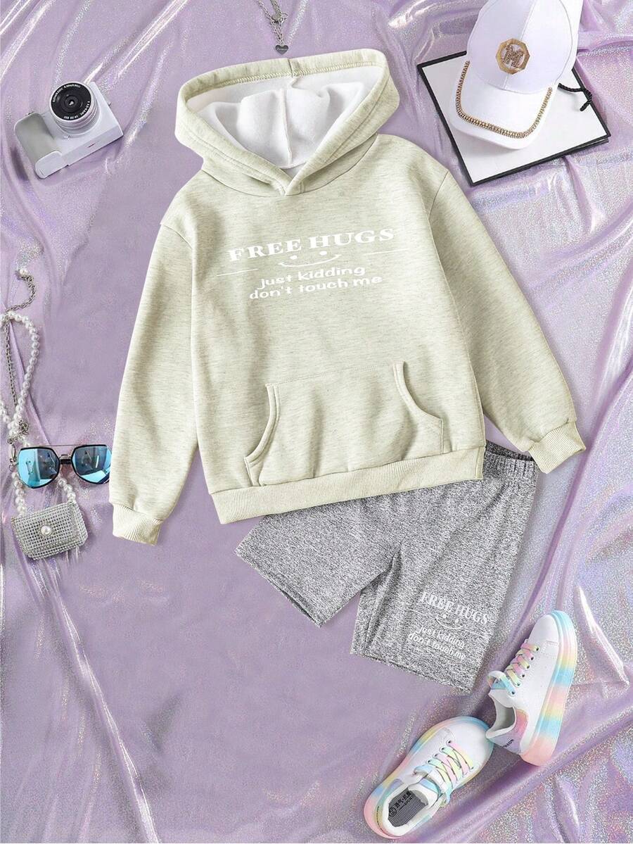SHEIN Tween Girls' Letter Printed Hooded Long Sleeve Sweatshirt And Shorts Set - Grey - View 1