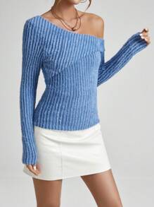 SHEIN Essnce 女修身斜領 T 卹 - 藍色 - 查看 1