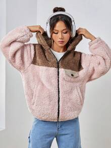 SHEIN EZwear 對比色毛茸茸女式常規外套 - 粉色 - 查看 5