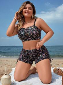 Swim Lushoire Summer Beach Women's Printed Spaghetti Strap Black Plus Size Bikini Set - Multicolor - View 4