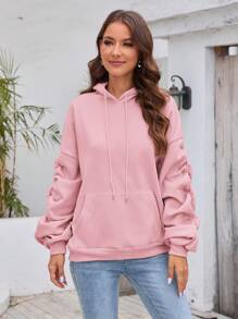 SHEIN LUNE 女款純色抽繩連帽落肩百褶袖運動衫 - 粉色 - 查看 4