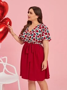 SHEIN Clasi Plus Size Floral Print Dress With Ruffle Sleeves And Waist Belt Red Women Dress - Multicolor - View 7