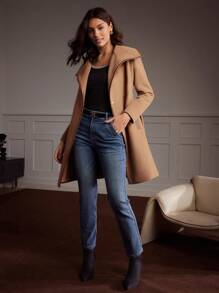 MOTF Classy 瀑布領式長大衣帶領款 - 卡其色 - 查看 9