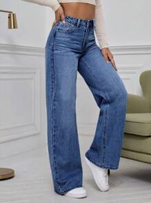 SHEIN Privé Pantalones Vaqueros Anchos De Pierna Ancha Y Suelto Para Mujer De Color Sólido