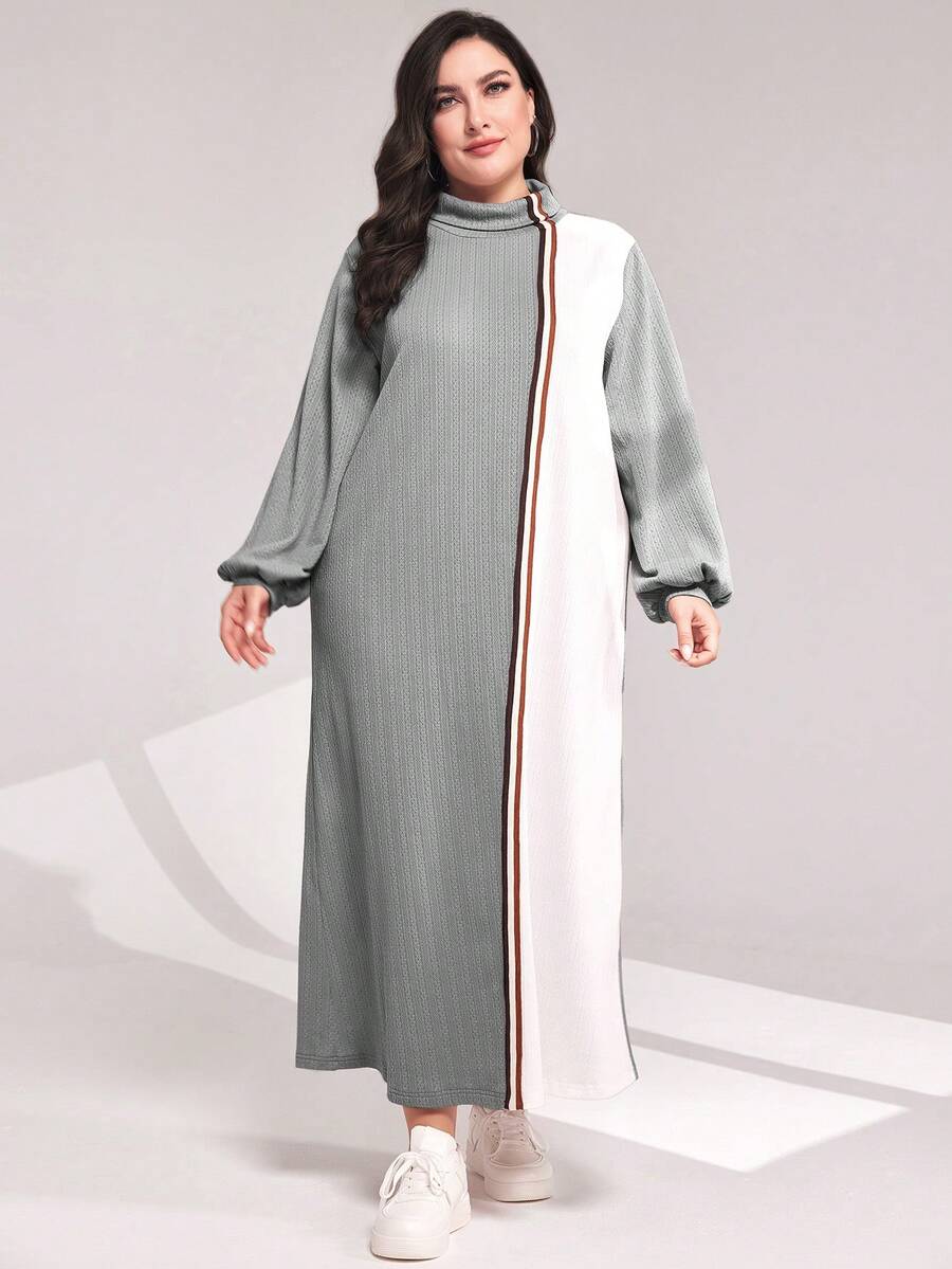 Mulvari Của phụ nữ Kích thước lớn Khối màu Đứng cổ áo Đầm nỉ - Xám - Xem 1