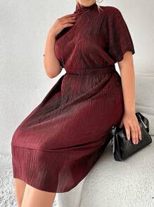 RueChic Plus High Neck Batwing Sleeve Dress Without Belt - Burgundy - View 3