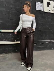 SHEIN Coolane Pu Straight Leg Pants - Coffee Brown - View 4