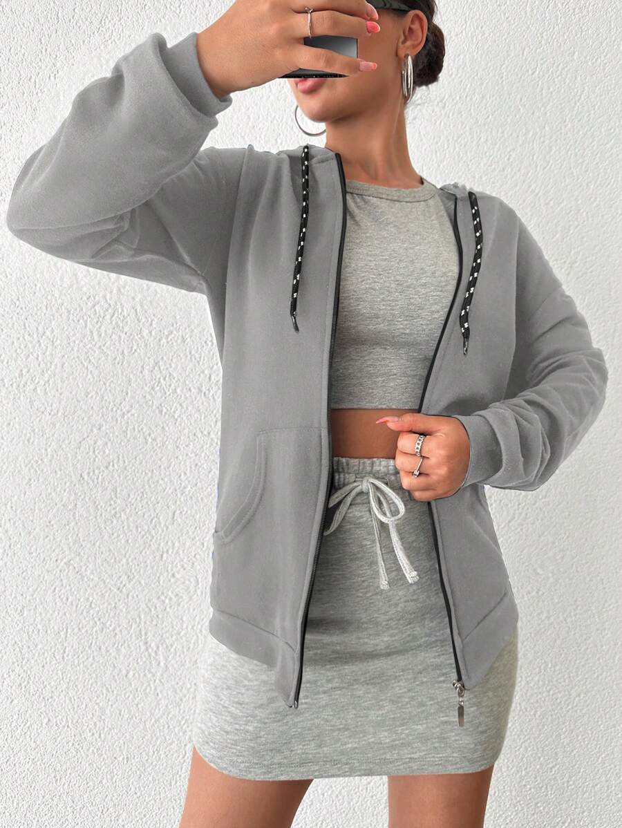 RueChic Drawstring Hooded Zipper Sweatshirt - Light Grey - View 1