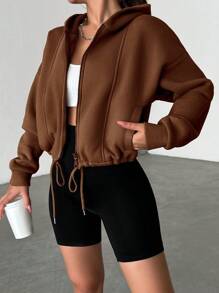 EURMUSE Drop Shoulder Drawstring Hem Zip Up Hoodie - Coffee Brown - View 4