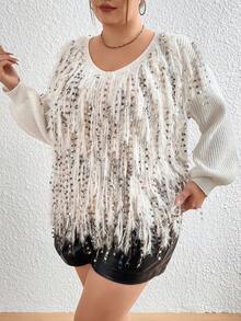 Flirla 女士大碼時尚閃爍貓鬚v領毛衣 - 白色 - 查看 4