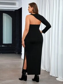 SHEIN Privé 大尺碼優雅單肩洋裝 - 黑色 - 查看 2