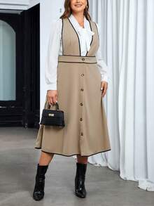 SHEIN Privé 大尺寸女士色塊邊框中長裙 - 卡其色 - 查看 3