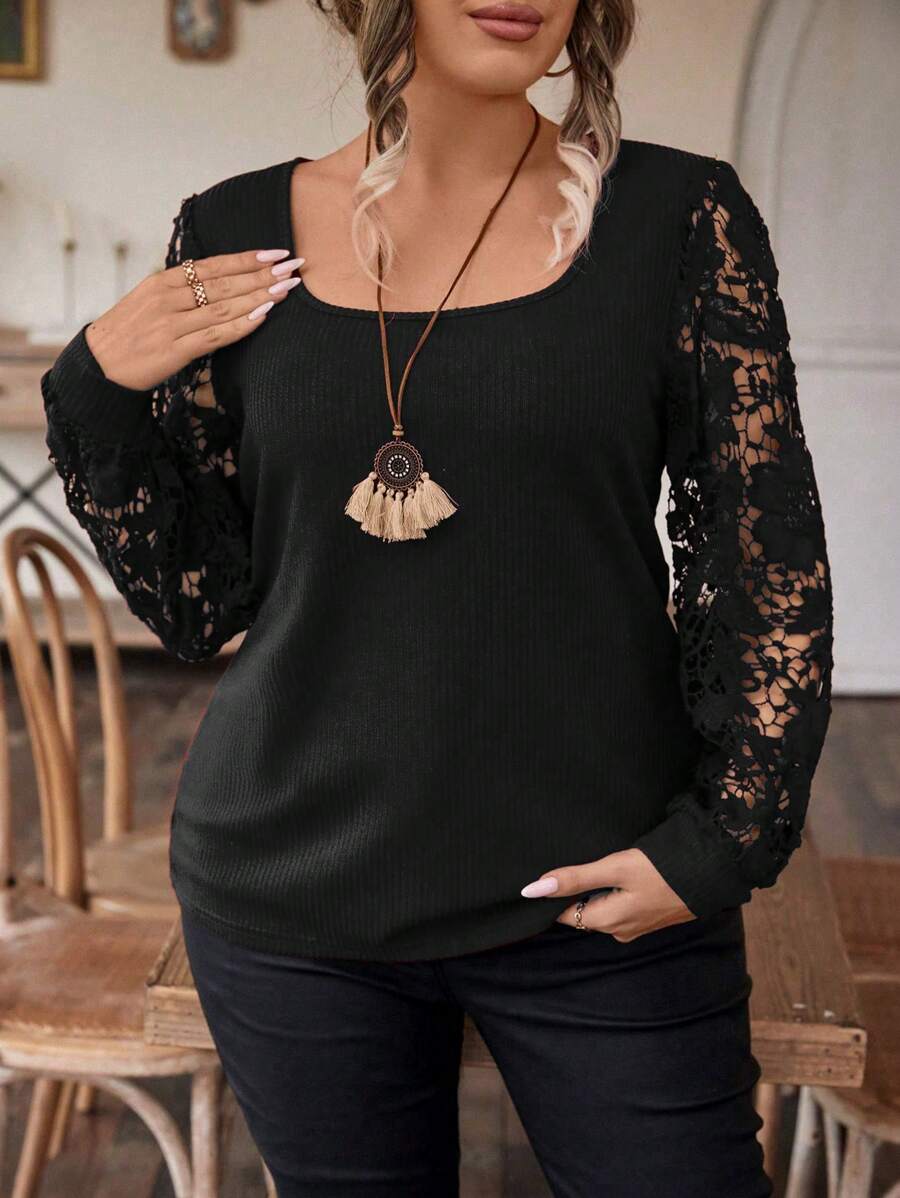 SHEIN Clasi Kích thước lớn Ren Vá lại Áo thun - màu đen - Xem 1