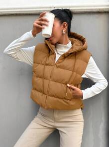 SHEIN Cottnline Zip Up Drawstring Hooded Puffer Vest Coat - Khaki - View 4