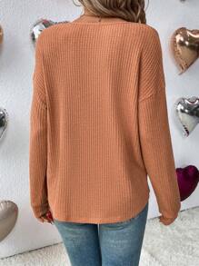 SHEIN LUNE 女款缺角 V 領華夫格針織 T 卹 - 卡其色 - 查看 6