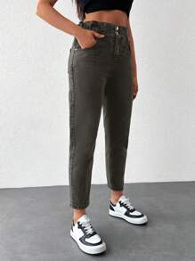 SHEIN Cottnline Women's Straight Leg Denim Pants - Hitam - View 5