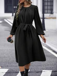 SHEIN Clasi 純色百褶腰帶襯衫連身裙