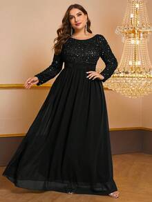 YISIKADO 女款大尺碼舞會晚禮服亮片 V 領長袖連身裙 - 黑色 - 查看 6