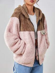 SHEIN EZwear 對比色毛茸茸女式常規外套 - 粉色 - 查看 1