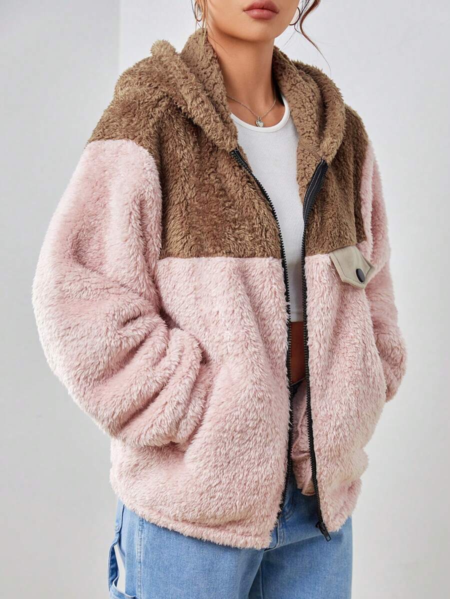SHEIN EZwear 對比色毛茸茸女式常規外套 - 粉色 - 查看 1