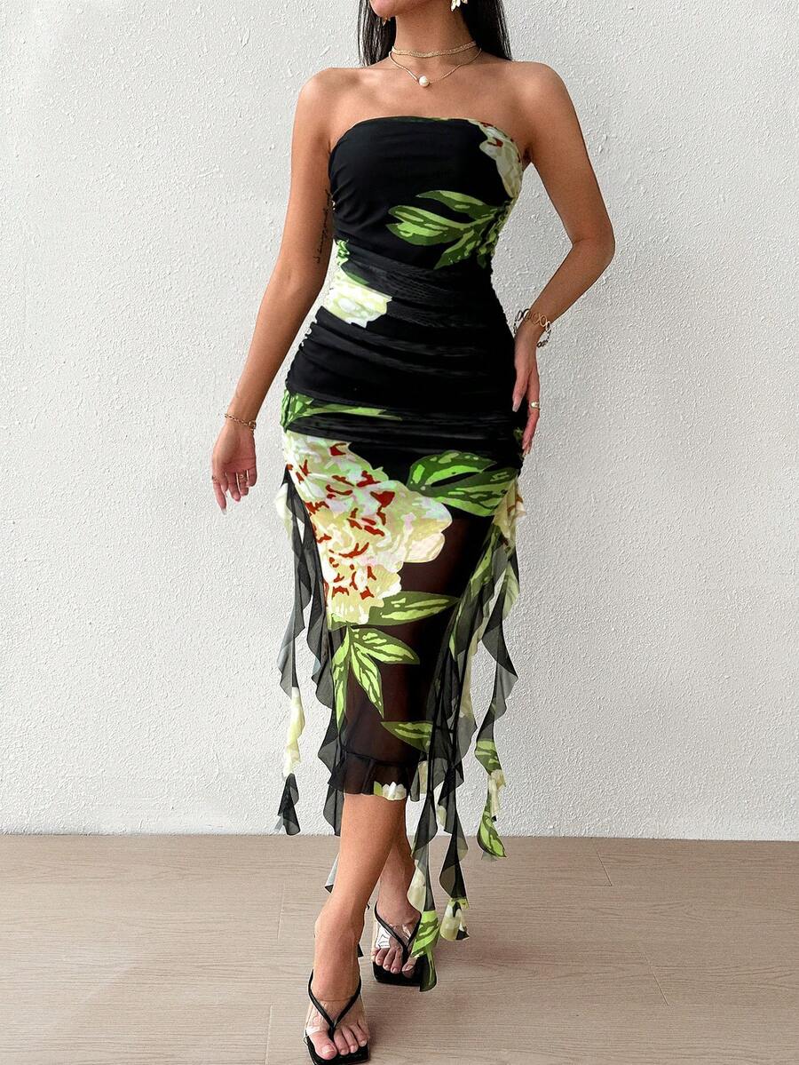SHEIN VCAY Của phụ nữ Hoa In Quây Viền bất đối xứng Đầm - Nhiều màu - Xem 1