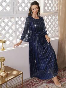 Modelyn Women's Flared Sleeve Belted Dress With Rhinestone Embellishment - Navy Blue - View 5