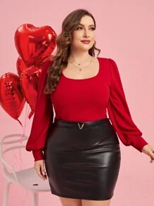 SHEIN Clasi Camiseta roja con cuello redondo y mangas de farol de talla grande, Día de San Valentín