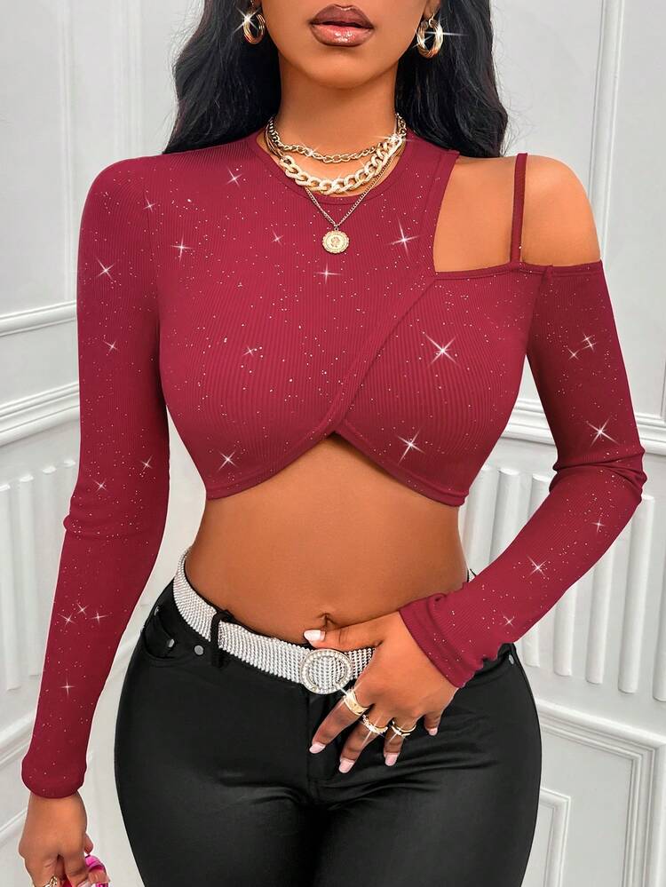 Women's Glittering Asymmetrical Shoulder Cropped Top Fall Cloth For Women