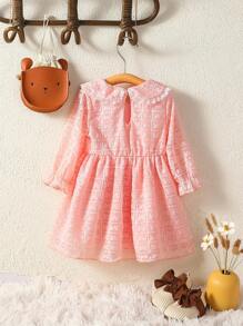 Baby Girls Princess Dress With Textured Lace & Peter Pan Collar Design, Cute & Elegant Dress For Parties And Vacations In Autumn And Winter