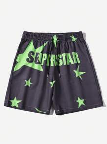 ROMWE MEN Street Life 男士字母图案抽绳腰短裤，学校 - 深灰色 - 查看 1