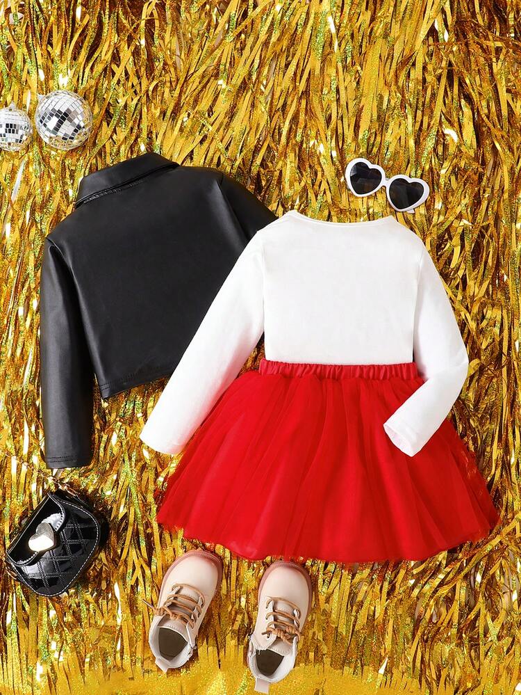 Baby Girls' Simple All-match Casual Jacket & Character Letter Print T-shirt & Mesh Skirt Cute Set